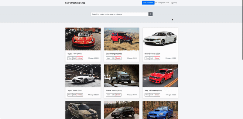 A screenshot of the Mechanic Shop CRUD page in action